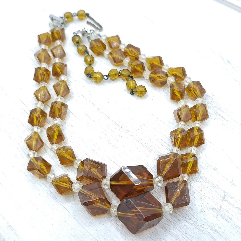 Vintage West Germany Double Strand Necklace Honey Brown Molded Plastic Beads